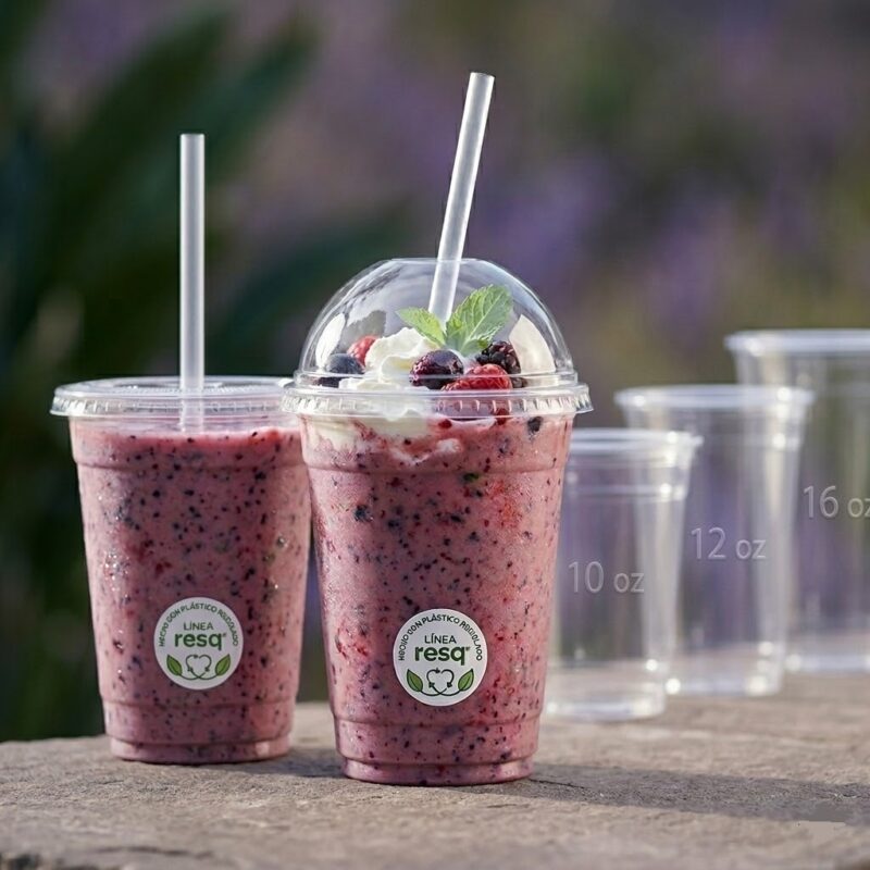 Vasos domo PET transparentes línea Resq: empaques ecológicos de varios tamaños para jugos, batidos y postres frescos.