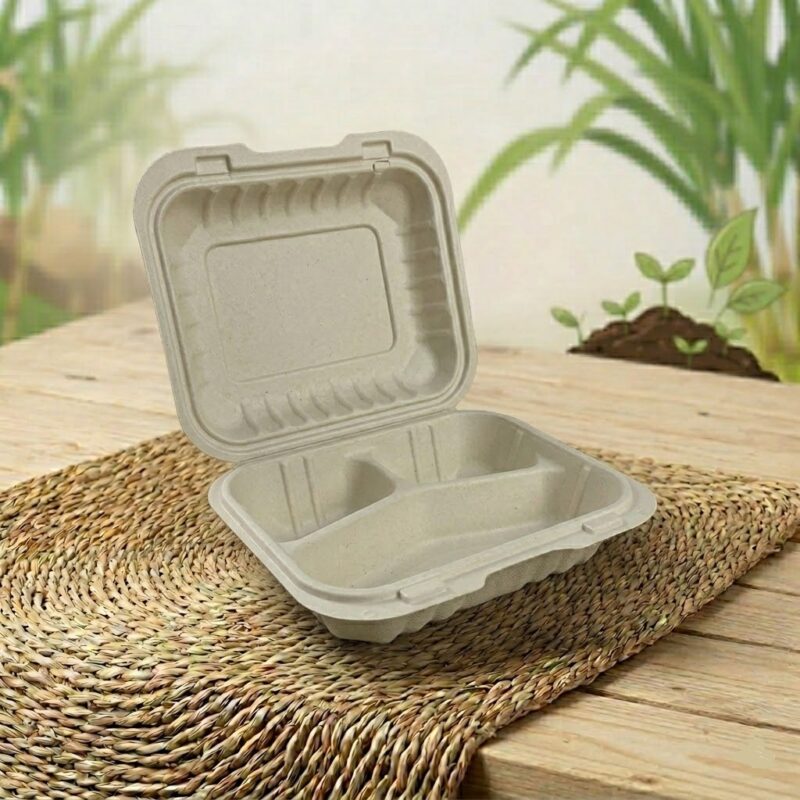 Portacomida P-3 biodegradable y compostable, fabricado 100% de bagazo de caña