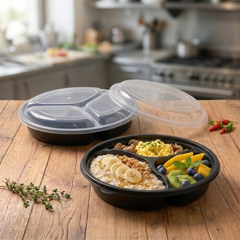 PortaComida P-3 circular Reutilizable. El paquete trae x50 unidades. Base Negra Contenedor P-3 circular para cualquiler tipo de comida. Contenedor P-3 redondo reutilizable con base negra y Tapa transparente.