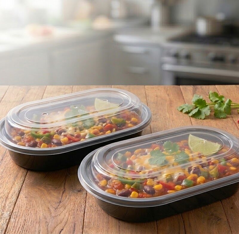 PortaComida J-1 Reutilizable. El paquete trae x25 unidades. Base Negra Contenedor J-1 para comida. Contenedor J-1 reutilizable con base negra y Tapa transparente.
