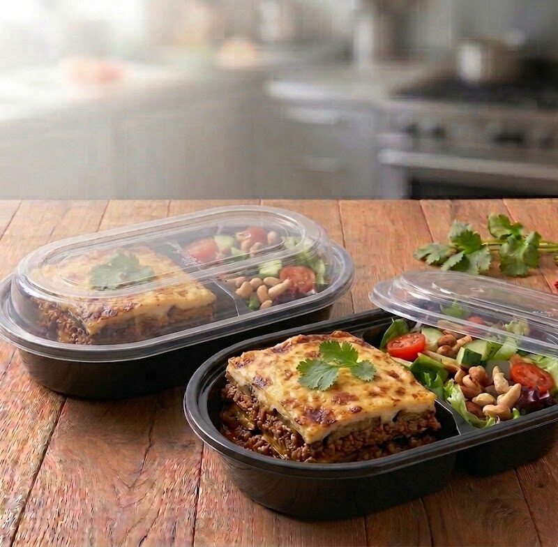PortaComida J-2 Reutilizable. El paquete trae x25 unidades. Base Negra Contenedor J-2 para comida. Contenedor J-2 reutilizable con base negra y Tapa transparente.