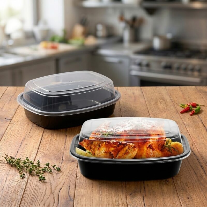 PortaComida P-1 Reutilizable El paquete trae x25 unidades. Base Negra Contenedor para comida. Bandeja negra P-1 con tapa transparente, esta bandeja es reutilizable