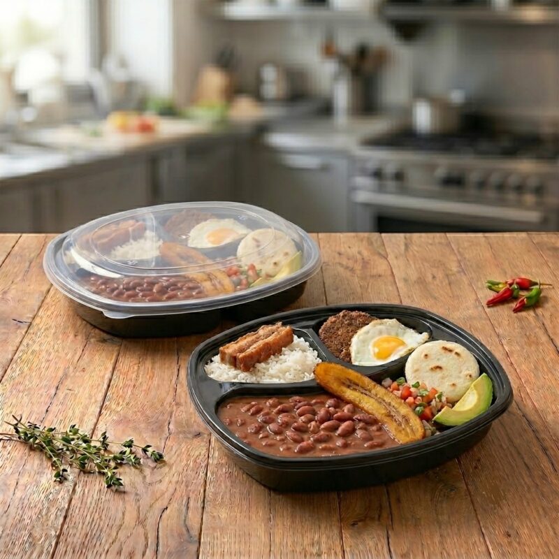 PortaComida P-3 Reutilizable. El paquete trae x25 unidades. Base Negra Contenedor P-3 para almuerzo. Contenedor P-3 reutilizable con base negra y Tapa transparente.