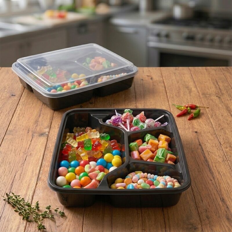 PortaComida P-4 Reutilizable. El paquete trae x50 unidades. Base Negra Contenedor P-4 para cualquiler tipo de comida. Contenedor P-4 reutilizable con base negra y Tapa transparente.